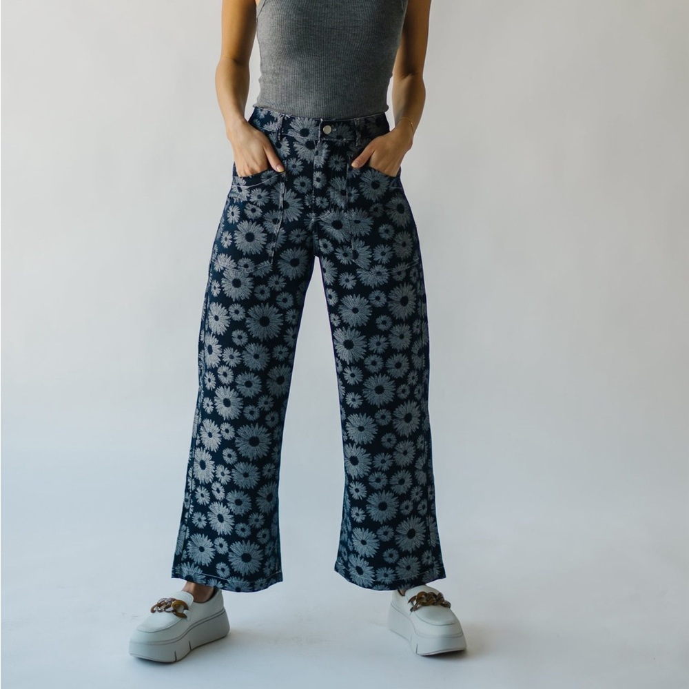 Wide Leg Floral Print Pants - Navy